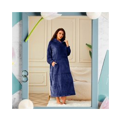 Flannel Robe Bathrobe with Pocket Ladies Hooded Long Dressing Gown Warm Soft Hoodie Pocket Blankets Sweatshirt Pullover - Denim Blue