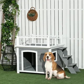 PawHut Hundehütte Hundehaus mit Balkon Erhöhtes Kleintierhaus mit Treppe, Fenster