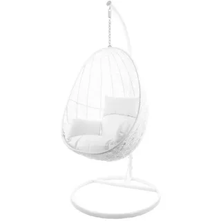 Kideo Kideo® Komplettset: Hängesessel mit Gestell & Kissen, Indoor & Outdoor, Poly-Rattan, Lounge (Gestell- und Korbfarbe: weiß, Kissen: weiß Nest (1000 Snow))