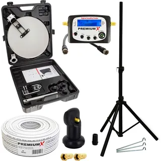 PremiumX Camping Satelliten-Anlage mobile Antenne im Koffer Single LNB TV SAT-Finder 10m Koaxial-Kabel F-Stecker Dreibein Stativ