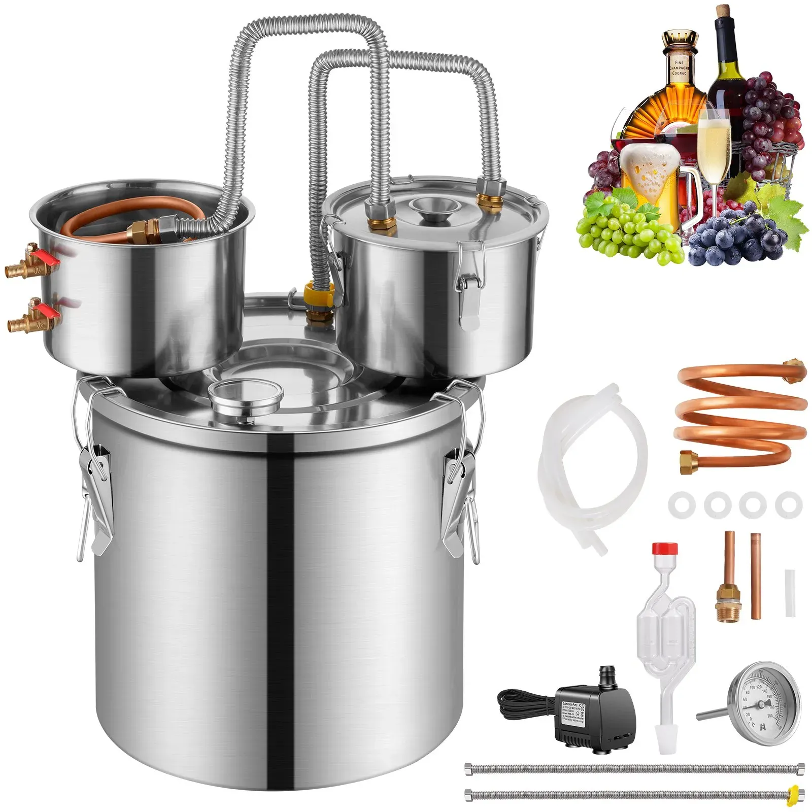 VEVOR Alkoholdestillieranlage Moonshine Still 19 L Wasseralkoholdestillieranlage für schnelles Abkühlen, Doppelkondensator-Destillierset mit Sekundärdestillation, für Wein Whisky Brandy Silber