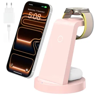 3 in 1 für iPhone Ladestation Schnelles Kabelloses Ladegerät - Wireless Charger für iPhone 17 Air 16e 16 15 14 13 12 11 X Pro Max & für Apple Watch und für Air Pods 4 3 2 Pro mit 18W Adapter (Rosa)