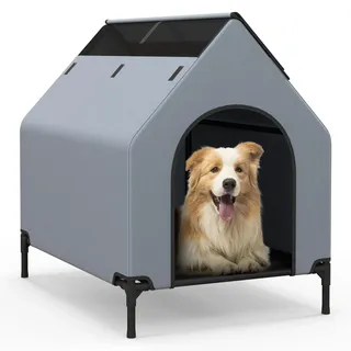 COSTWAY 2 in 1 Hundehütte & erhöhtes Hundebett, Hundeliege Outdoor, Haustierhaus mit atmungsaktivem Netzgewebe & Abnehmbarer Abdeckung, Hundehaus für kleine Hunde, Oxford, Grau (64 x 91 x 86 cm)
