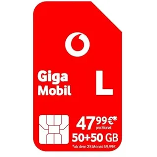 Vodafone Mobilfunkvertrag GigaMobil L | Jetzt doppeltes Datenvolumen 100 GB statt 50 GB | Zusätzlich 24 x 20% Tarifrabatt | 5G-Netz | Telefon- SMS-Flat | EU-Roaming