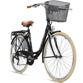 Bergsteiger Paris 26,28 Zoll Damenfahrrad, ab 140 cm, Korb, Fahrrad-Licht, 6 Gang-Schaltung, Damen-Citybike, Damenrad im Retro-Design