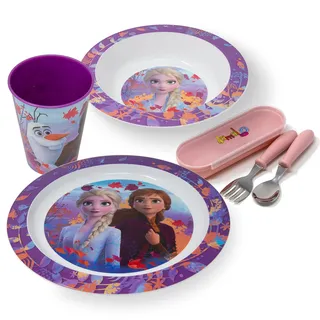 damaloo Geschirrset Lila mit Kinderbesteck passend für Frozen Fans - Anna und Elsa Geschirr Set für Kinder mit Besteck - Eiskönigin Kindergeschirr Mädchen - Wiederverwendbar & BPA frei