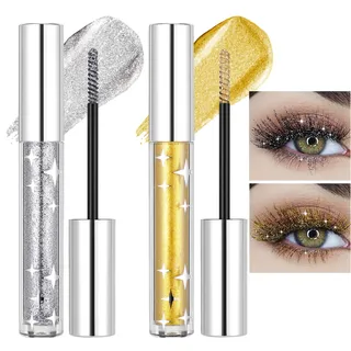 Prreal 2 Colors Glitter Mascara Set, Long Lasting Glitter Lash Mascara, Coloured Mascara Waterproof, Diamond Sparkling Eye Make-Up, Silver Gold Mascara