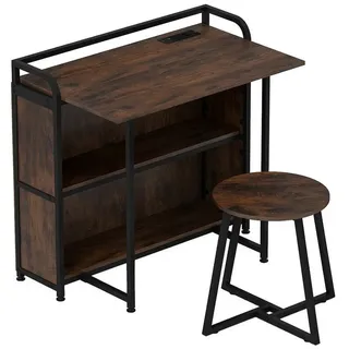 COSTWAY Schreibtisch (mit Hocker), mit Steckdose, Klapptisch Beistelltisch Metall braun