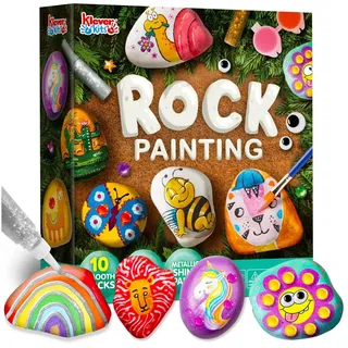 Joyin 10 Stück Steine Bemalen Set für Kinder mit 18 Farben (Standard Metallicfarben,Aufkleber, Glitzerkleber) Kreativ Steinmalerei,Bastelset Steine Malen Set Geschenk Mädchen 6-12 Jahren