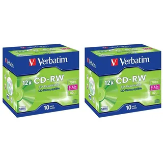 Verbatim CD-RW 700 MB, 20er Pack Jewel Case, Rohlinge Beschreibbar, 52-fache Brenngeschwindigkeit Mit Langer Lebensdauer, Leere CDs, Audio Rohling Rewritable