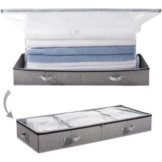 TAILI Aufbewahrungsbox mit Deckel Vakuumbeutel für kleidung Bettdecken 2-in-1-Desig 105 × 43 × 15 CM Unterbettkommode mit Sichtfenster Faltbar Aufbewahrungstasche, Platzsparend im Schrank, Grau
