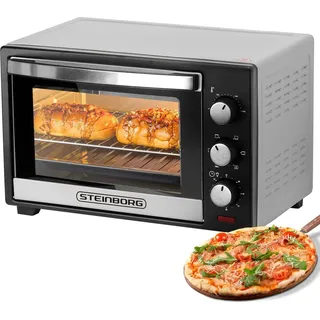 Steinborg Minibackofen 25 Liter Pizzaofen | 3 in 1 Backofen Umluft Silber| 1600 W