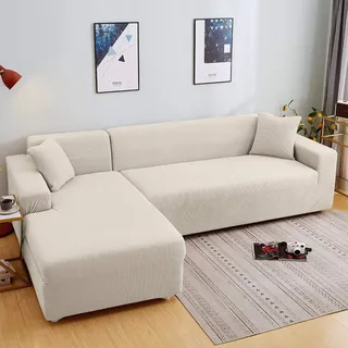 ZZDXL Sofabezug 3Sitzer Creme Farben Sofaüberwurf Elastisch für Katzen,Moderne Joker Sofa Überwurf,Antirutsch Sofahusse,Sofabezug L Form,Couch Überwurf,Sofa Sauber Bezug, Chaiselongue