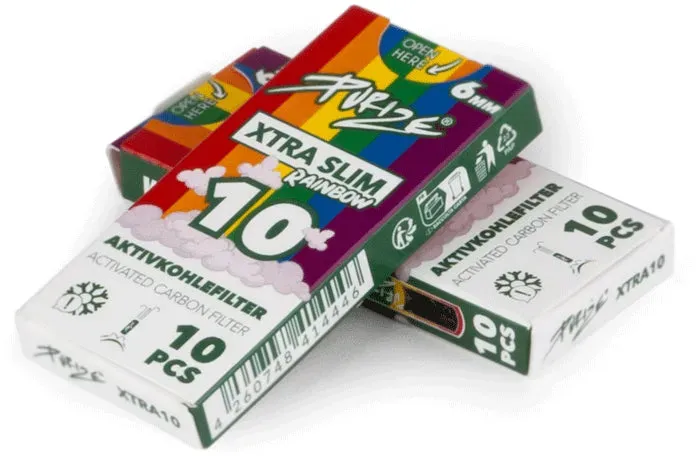 10 Stück XTRA Slim Aktivkohlefilter im Pappschieber Ø 5,9 mm - Regenbogen