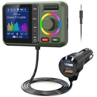 Nulaxy Bluetooth Adapter Auto FM Transmitter Bluetooth V5.0 Großer Bildschirm Unterstützung für Handfreie Anrufe Siri&Google MP3-Musik wiedergabe Subwoofer &TRE-Erweiterungen TF-Karte/AUX-KM28 Grün