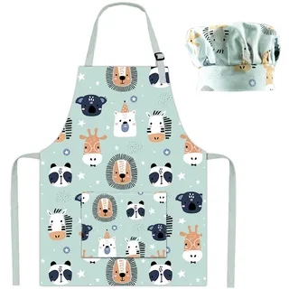 Pipoobear Kinderschürze Kochmütze für 3-6 Jahre Junge Mädche, Verstellbar Schürze Kinder mit Taschen Baumwolle Kinderschürzen für Küche Kochen Backen Malerei Grillen Garten Geschenk Party (Blau) - S