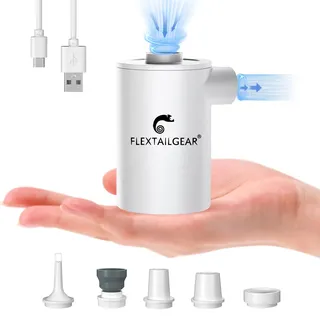 FLEXTAILGEAR Elektrische Luftpumpe 2 in 1 Kompakt Kleine Camping Pumpe, Vakuumpumpe, Akkupumpe 3 Düsen für Luftmatratze, Sofa, Pool, Boot, Schwimmring, Vakuumbeutel