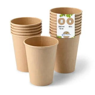 BIOZOYG Pappbecher 50 Stück 300 ml / 12 oz, Ø 90 mm, braun - Becher für Heißgetränke - Kaffeebecher to go Einwegbecher, Alternative zu Styroporbecher