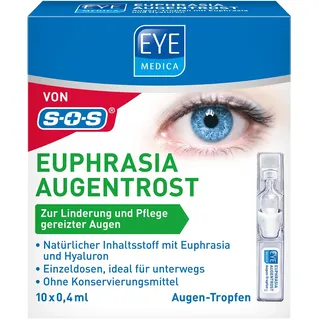 EyeMedica Euphrasia Augentropfen gegen trockene Augen und gereizte Augen, Befeuchtung, Linderung und Pflege, mit Hyaluron, 10 x 0,4 ml Einzeldosen