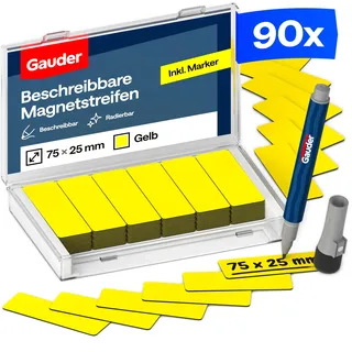 GAUDER Magnetetiketten beschreibbar - Magnetstreifen beschreibbar - Beschreibbare Magnete zum Beschriften - Magnetschilder zum Beschriften - Kanban-Board - Inkl. Marker (90 Stück - 75 x 25 mm)