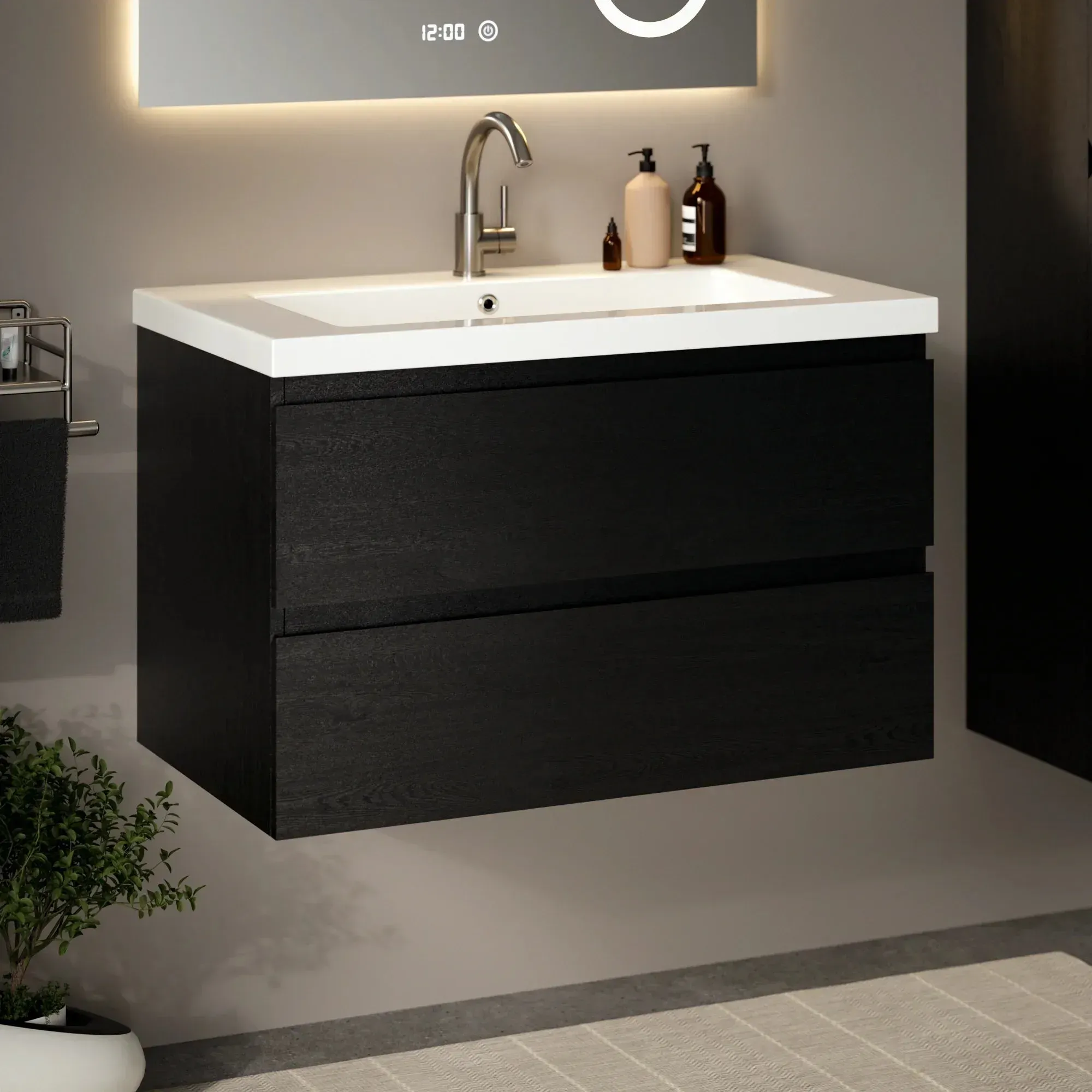 Badezimmermöbel Sova – 80 cm – Schwarzeiche – Weißes Waschbecken - Vorbestellen