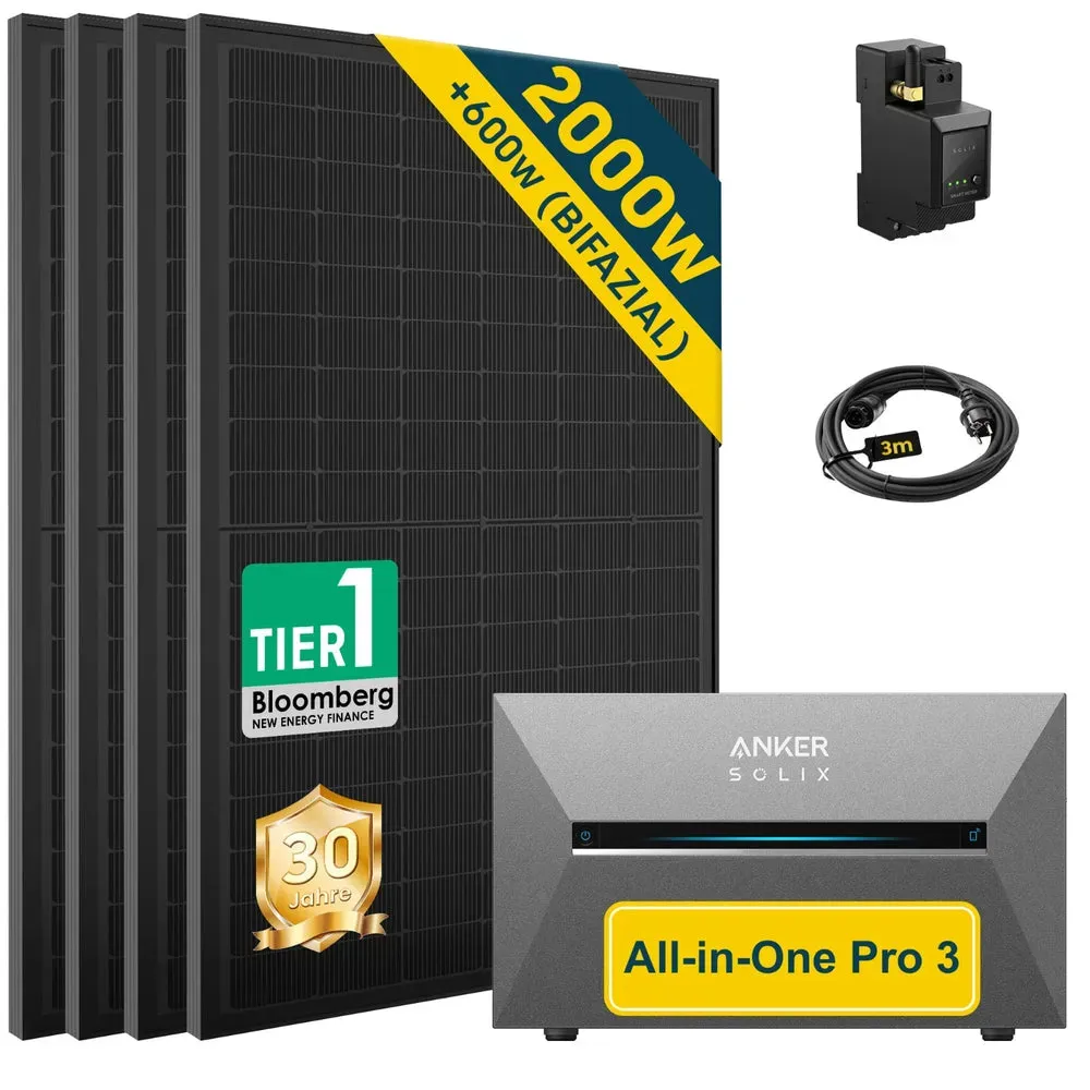 ALLDREI Balkonkraftwerk mit Speicher Anker Solix Solarbank 3 E2700 Pro 2,68kWh - 500W x6 / Mit 1x Anker SOLIX BP2700 Erweiterungsakku / Mit Ziegeldach Halterung