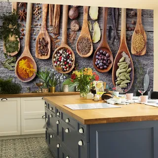 Muralo Fabelhafte Selbstklebende Fototapete 254x184 Küche Gewürze HEILKRÄUTER Bretter Moderne Tapete Esszimmer Restaurant Wandbilder Wandtapete XXL Luxus Abstrakt Br. 254 cm x Hö. 184 cm