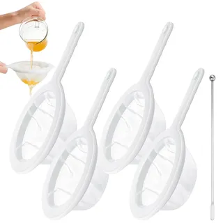 JOZMMZEOOA 4 Stücke Feines Sieb 80/100/200/400 Mesh Nylon Fein Sieb Küche mit Griff 1 Silber Rührstab Küchensieb Kunststoff, Strainer Feinmaschig Nylon Filter für Saft Milch Kaffee
