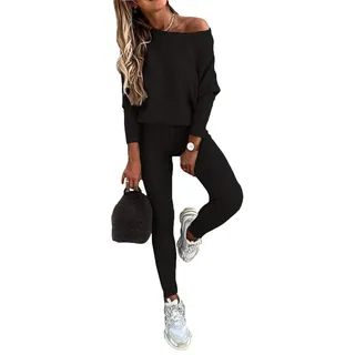 shownicer Damen Sportanzug Traingsanzug Jogginganzug Frauen 2 Teilig Freizeitanzug Set Mode 2 Stück Set aus Sweatshirt Mit Jogginghose Bequem Freizeitanzug A Schwarz L - L