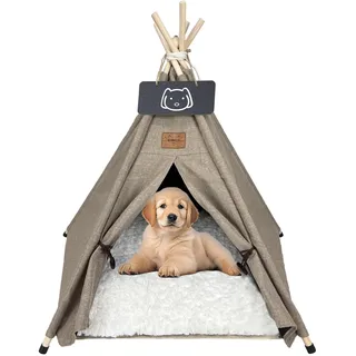 Meowmellow Tipi Zelt für Haustiere Hundezelt Katzenzelt mit Plüschkissen Haustierzelte Häuser für Katzen und Hunde Hundehöhle und Haustierhäuser Wegklappen Haustier Zelt Möbel 60x60x70cm