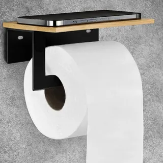 Toilettenpapierhalter Ohne Bohren mit Ablage Klopapierhalter Schwarz Matt mit Bambus Platte Klorollenhalter Kleben WC Papier Halterung