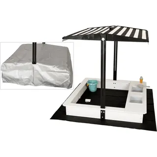 WONDERMAKE WONDERMAKE® Design Sandkasten mit Matschküche, Dach, Abdeckung OXFORD 420D, Vliesfolie, Sandkiste Holz quadratisch verschließbar Outdoor Garten für Kinder, schwarz weiß