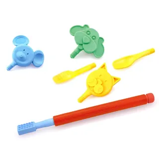 ARK® Z-Vibe Vibrator Kunststoff im Essen Starter-Set mit 6 Aufsätzen inkl. ATC Pflegeanleitung - Einstieg zum ARK Z-Vibe, sensorische Stimmulation im Mund, bei Sprachproblemen (rot)