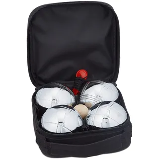 Relaxdays Boule Kugeln, 4 Metall Kugeln, Set mit Zielkugel & Abstandsmesser, Tragetasche, Boccia Spiel, Silber/schwarz