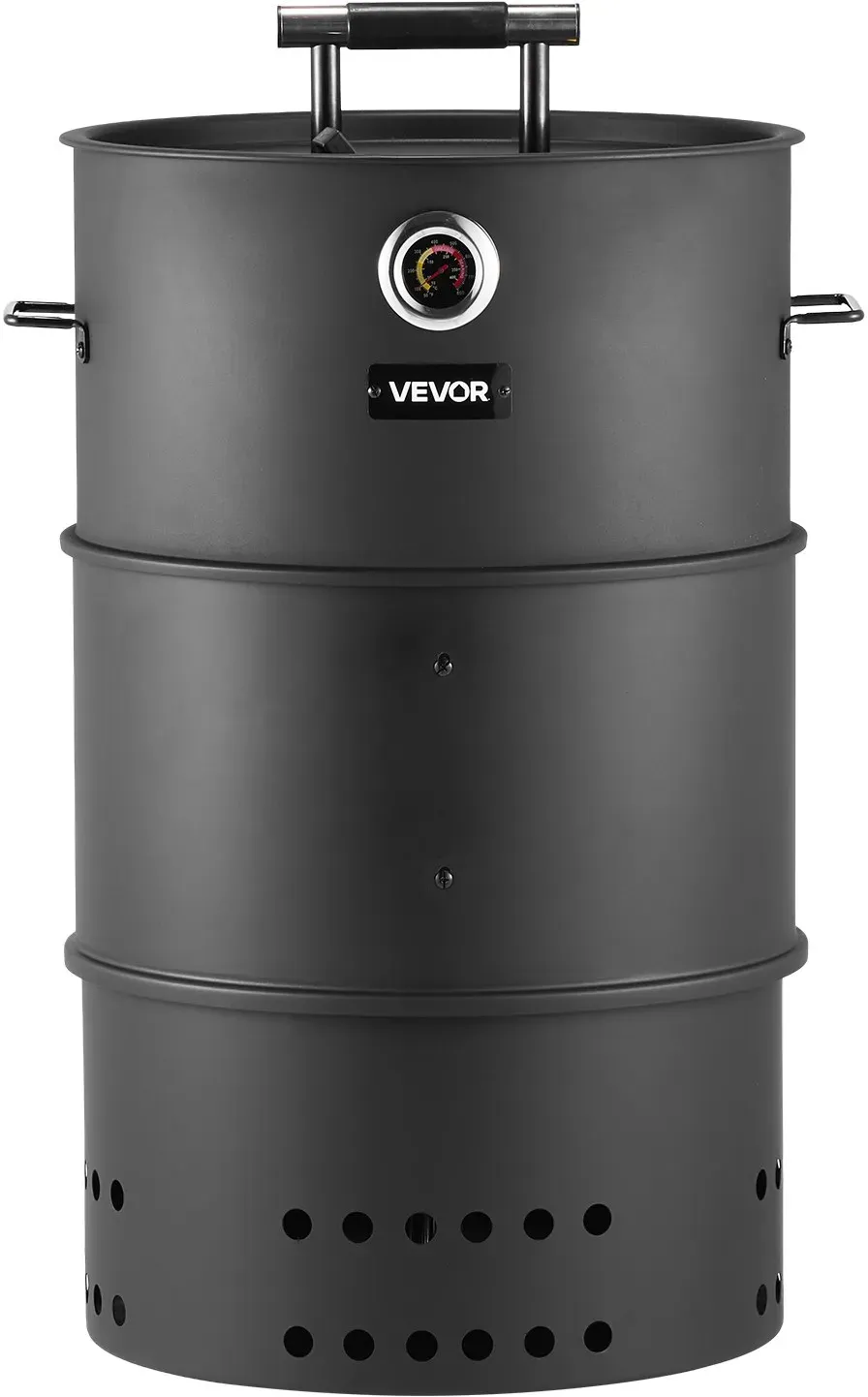 VEVOR Räucherofen, 470 mm, Holzkohlegrill, Räuchergrill, BBQ-Smoker, beschichteter Stahl-Grilltonne mit 2 Grillrosten, 1 Aufhängestange, 6 Haken & Thermometer, ideal für Partys, Garten & Terrasse