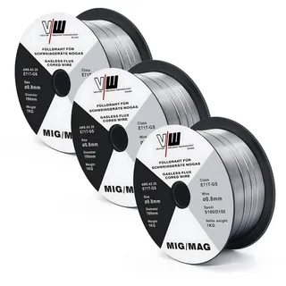 VECTOR WELDING 3 Stück D100 MIG MAG Fülldraht-Rolle Schweißdraht 1 kg / E71T-GS/Größe 0,8 mm/universell einsetzbar/NoGas/ohne Gas,