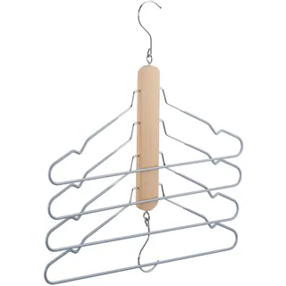 Relaxdays 3 x Mehrfach Kleiderbügel, platzsparend, je 4 Hemdenbügel mit Hosensteg, Holz, Metall, Antirutschbügel, Natur/grau