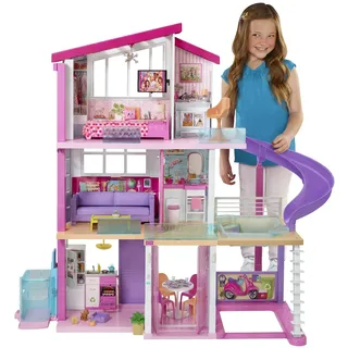 Barbie Puppenhaus, Traumvilla Puppe, komplett möbliert, 3 stöckig, 8 Zimmer inkl. Pool, Rutsche und Aufzug, 70 Accessoires, Spielzeug ab 3 Jahre, GNH53