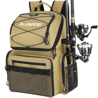 PLUSINNO Angelrucksack mit Rutenhaltern und Kühler, 45 l, groß, wasserabweisend, Angelausrüstungsrucksack, Khaki, Angelrucksack mit Kühler