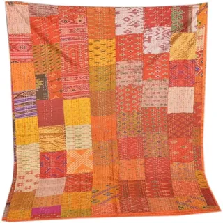 Sophia-Art Twin/King Indian Bettdecke Ethnic Throws Patchwork Indian Quilt Cover Alte böhmische Seide Saree Kantha Tagesdecke Vintage Patola Quilt (Orange, King 90" x 108")