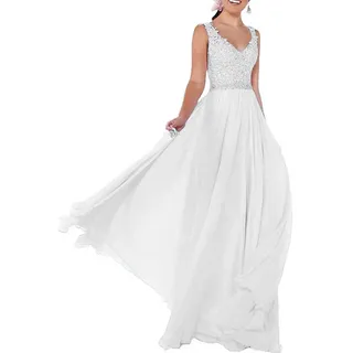 Beyonddress Damen Chiffon Abendkleider Lang Hochzeit V-Ausschnitt Brautkleid Ballkleider Brautjungfern Kleider(Weiß,38) - 38