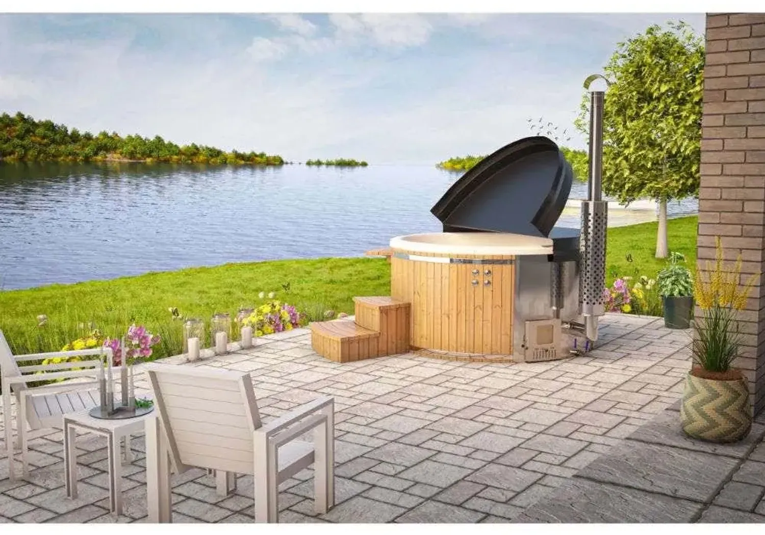 Finntherm Badefass Stockholm Thermoholz Whirlpool Ø 200 cm VA-Ofen 30 kW Creme