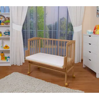 Waldin Beistellbett mit Matratze, höhen-verstellbar, Holz Natur unbehandelt,Große Liegefläche 90x55cm