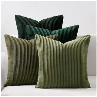 interior by hakito 4er Set Kissen-Bezug mit Füllung Grün, Modell Mary, Luxus Kordsamt Sofakissen gestreift Couchkissen Dekokissen Zierkissen Kopfkissen, mit verstecktem Reisverschluss, weich & angenehm