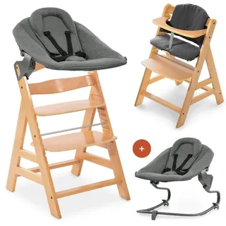 hauck Alpha+ Newborn Set mit Premium Bouncer Dark Grey - Baby Holz Hochstuhl ab Geburt mit Liegefunktion - extra flacher Aufsatz für Neugeborene & Baumwoll Sitzpolster - Natur