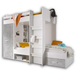 Begabino Hochbett 2 Liegeflächen mit Kleiderschrank und Regalen weiß/betonfarben