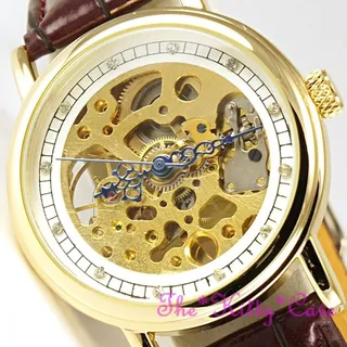 Gold Mechanisches Aufziehen, Hohl Skelett Steampunk, Braunes Leder, Kristall Uhr