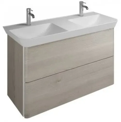 burgbad Iveo Mineralguss-Doppelwaschtisch mit Waschtischunterschrank, 2 Auszüge, Breite 1200mm, SFEO120F2834G0161, Farbe: Eiche Dekor Flanelle / Eiche Dekor Flanelle, vertikale Griffleiste Weiß G0161