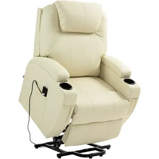 Homcom Fernsehsessel mit Aufstehhilfe Elektrisch Relaxsessel mit Liegefunktion, TV-Sessel mit Becherhalter, Seitentasche und Fernbedienung, Kunstleder, Creme, Kunststoff, Metall, 92x109x85 cm, Wohnzimmer, Sessel, Polstersessel