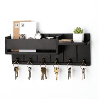 VINATO Schwarz Schlüsselbrett Holz mit Ablage, Schlüsselhalter Wand mit 6 Schlüsselhaken, Schlüsselboard Wand, Schlüsselaufhänger für Eingang, Flur, Wohnzimmer